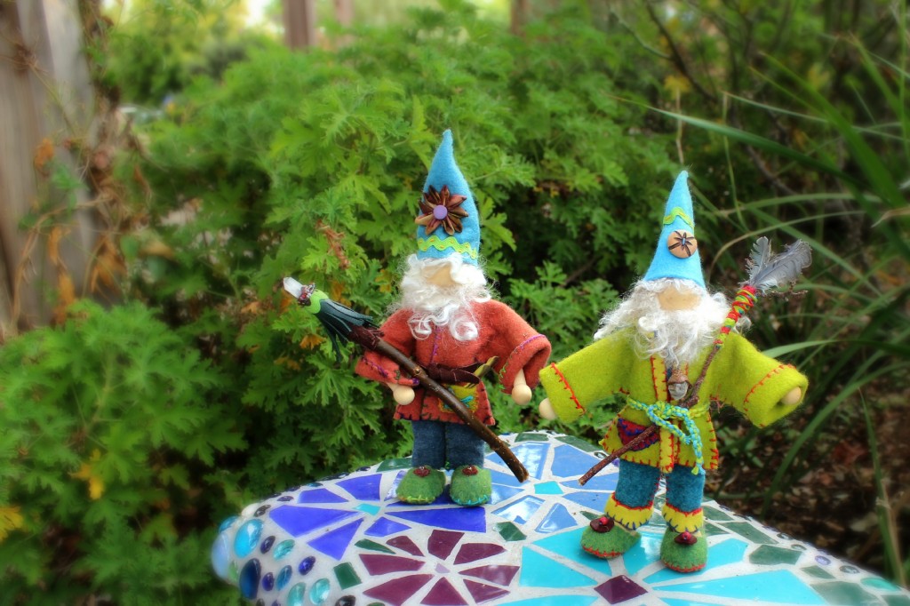 131112 Gisela's 2 handmade forest wizard gnomes with their magical wands