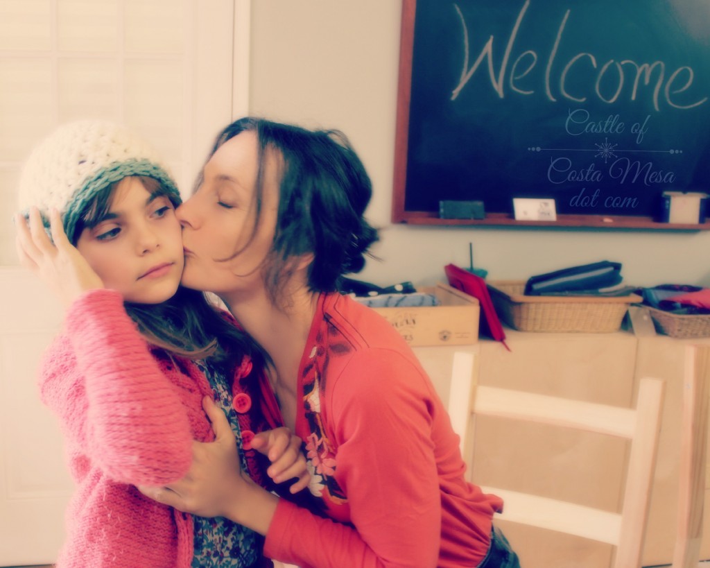 131119 Alena planting a kiss on Anicka's cheek as she wears her newly handmade crochet bulky yarn hat from the morning