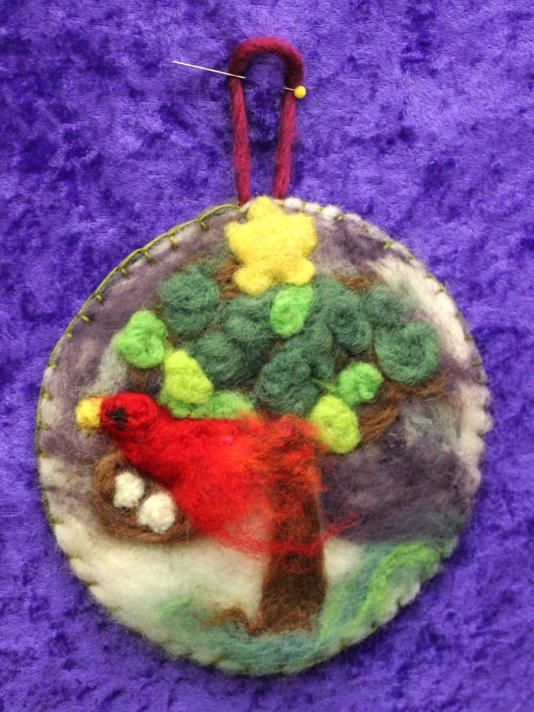 131203 Kathy's first needle-felted picture of a red cardinal nesting in a tree