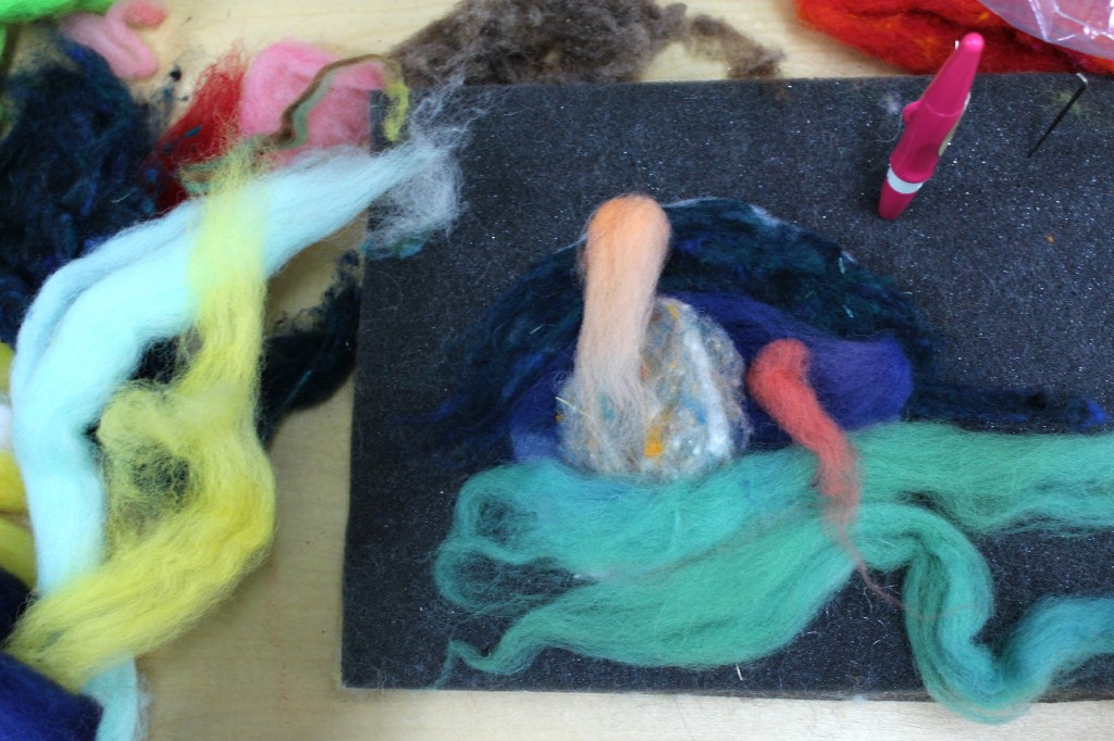 131203 Sketching with wool fibers roving on my needle-felting foam pad