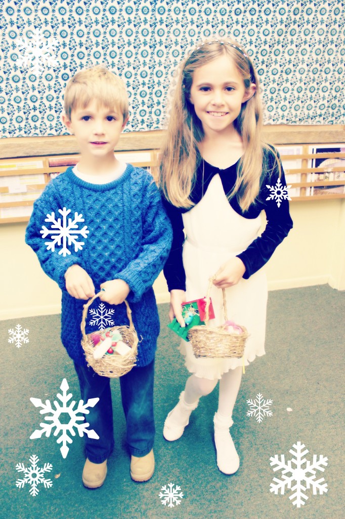 131207 Brother and sister with basket of handmade goodies from elves' workshop