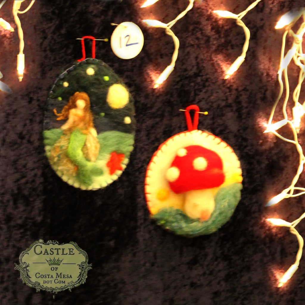 131207 Needle-felted picture Christmas tree ornaments of mermaid on a rock and fluffy toadstool home