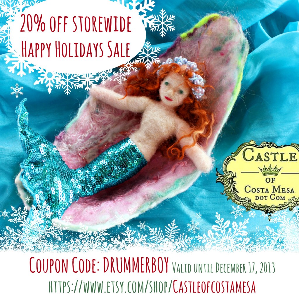 131209 20 percent off storewide Happy Holidays Sale Coupon Code Drummerboy valid until December 17, 2013 Mermaid Geogiana riding in her wet-felted oyster bed boat vessel on a blue silk sea. CastleofCostaMesa.Com on Etsy