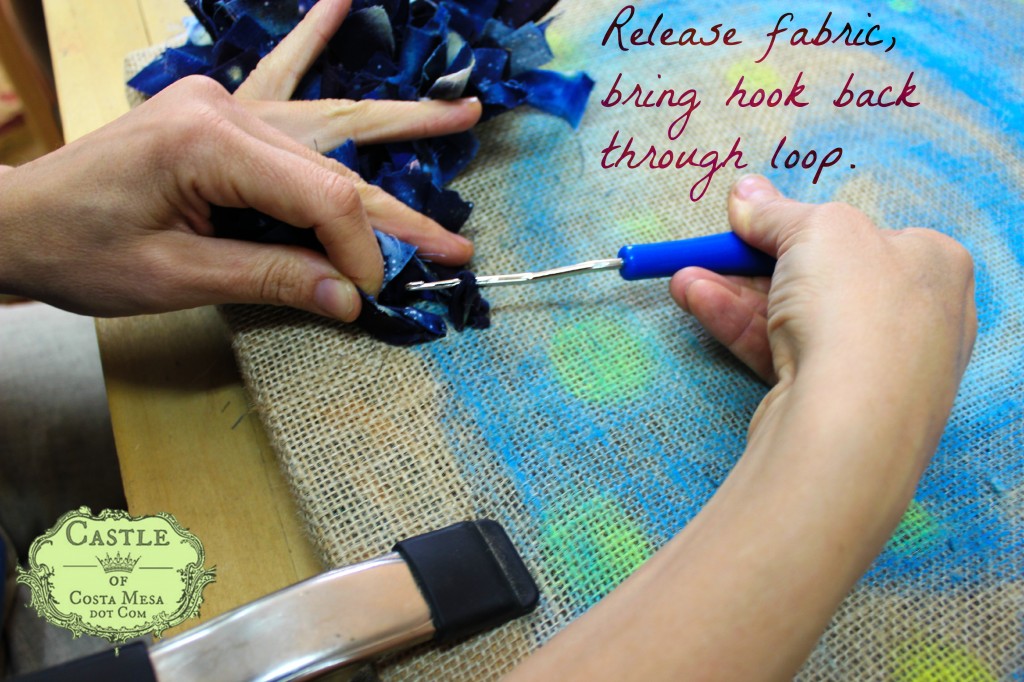 140107 Hooked Rug tutorial Release fabric, bring hook back through loop. with text