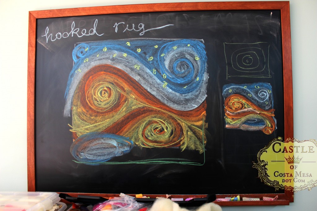 140107 Preliminary chalk board sketch for hooked rug design in colors