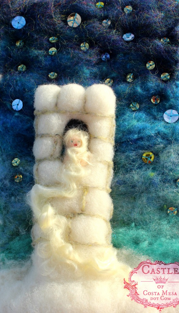 140111 Rapunzel in the Star Light. Little needle-felted wool picture tapestry Fairy Tale valentine storybook princess damsel in a tower by Castle of Costa Mesa dot com