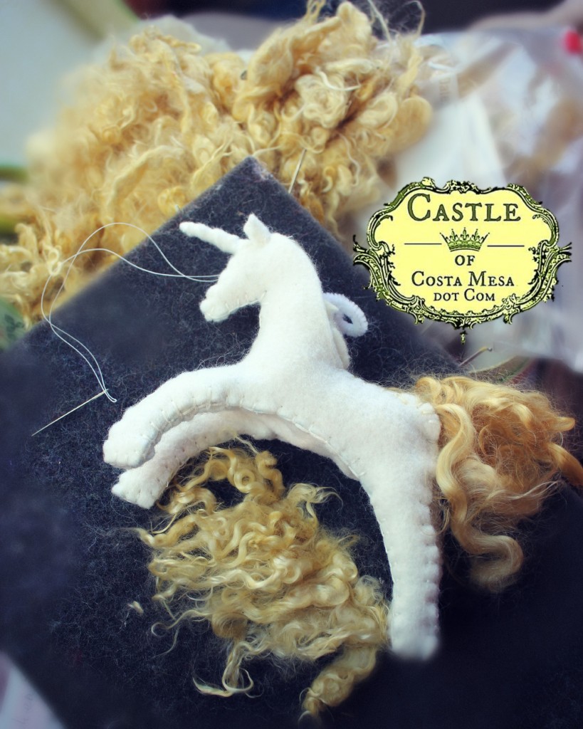 140223 Jzin's Handstitched White Felt Unicorn with golden kid mohair mane being made at Mason Park