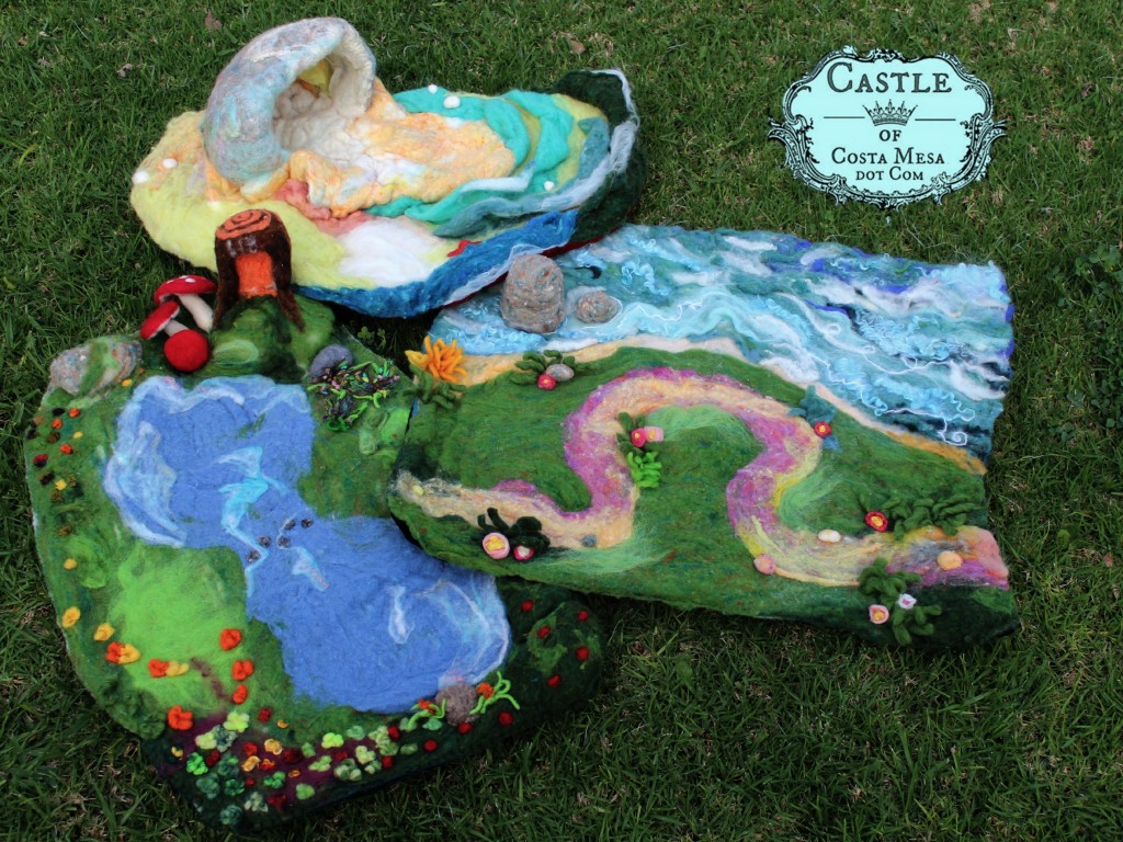 140302 Three natual wool felted playscapes the dragon's cave, the moat and the lily pond