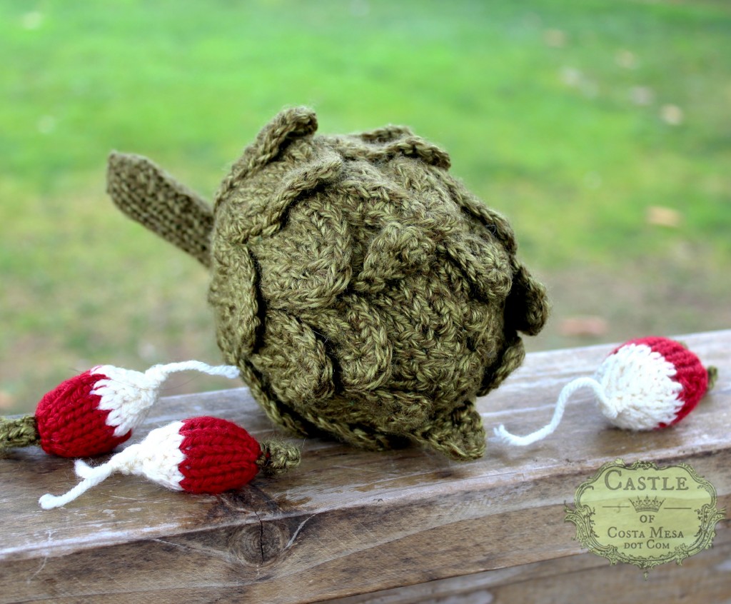 140210 Susan Watkin's knitted artichoke and radishes