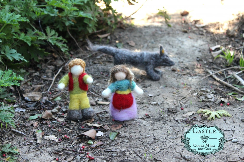 140310 2nd Grader Sarah's handmade Hansel and Gretel dolls with wolf in forest