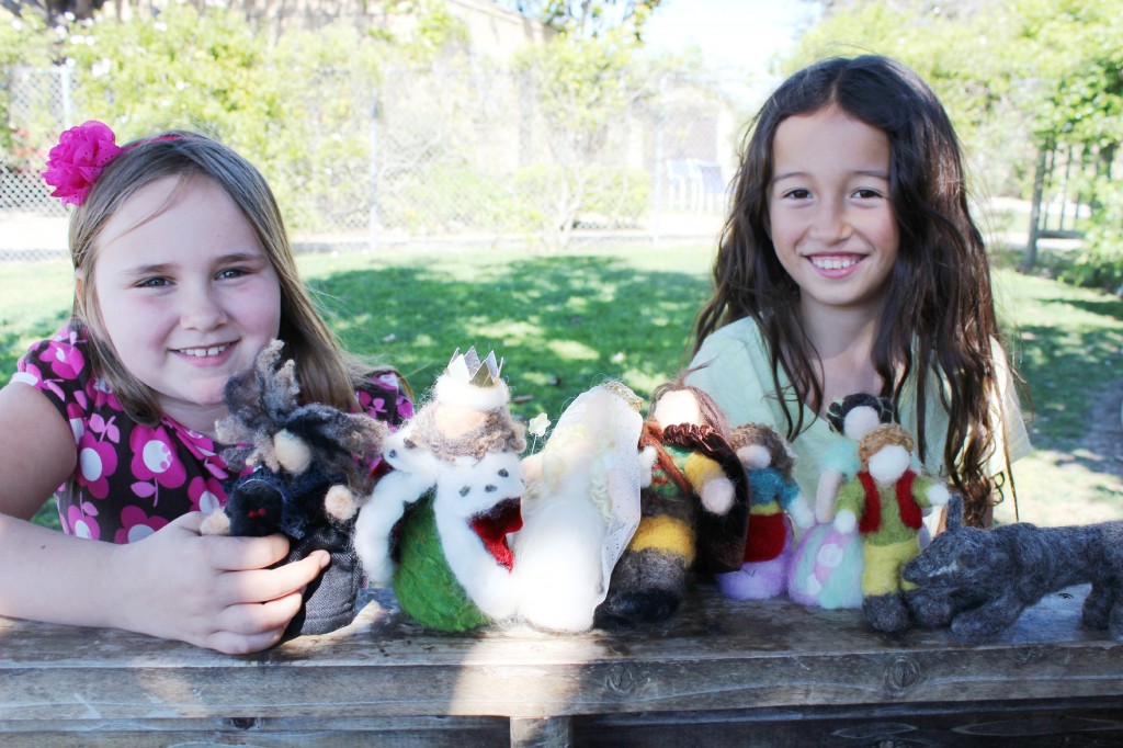 140310 Monday after school. Sophia and Sarah with handmade fairy tale dolls by children