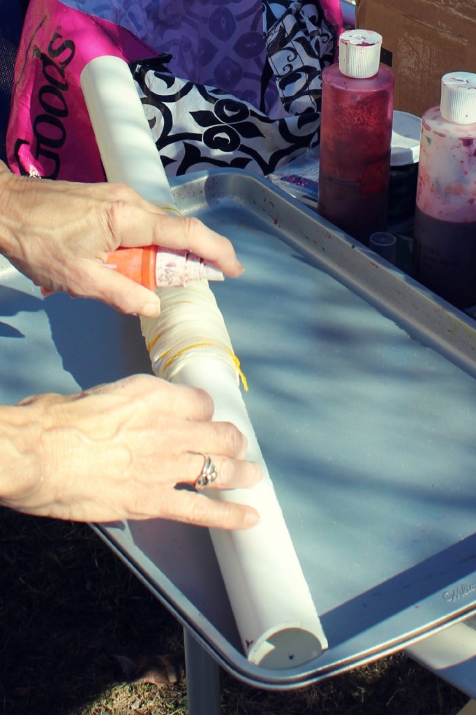 140114 Jenine spraying dye onto her tied arashi shibori silk scarf