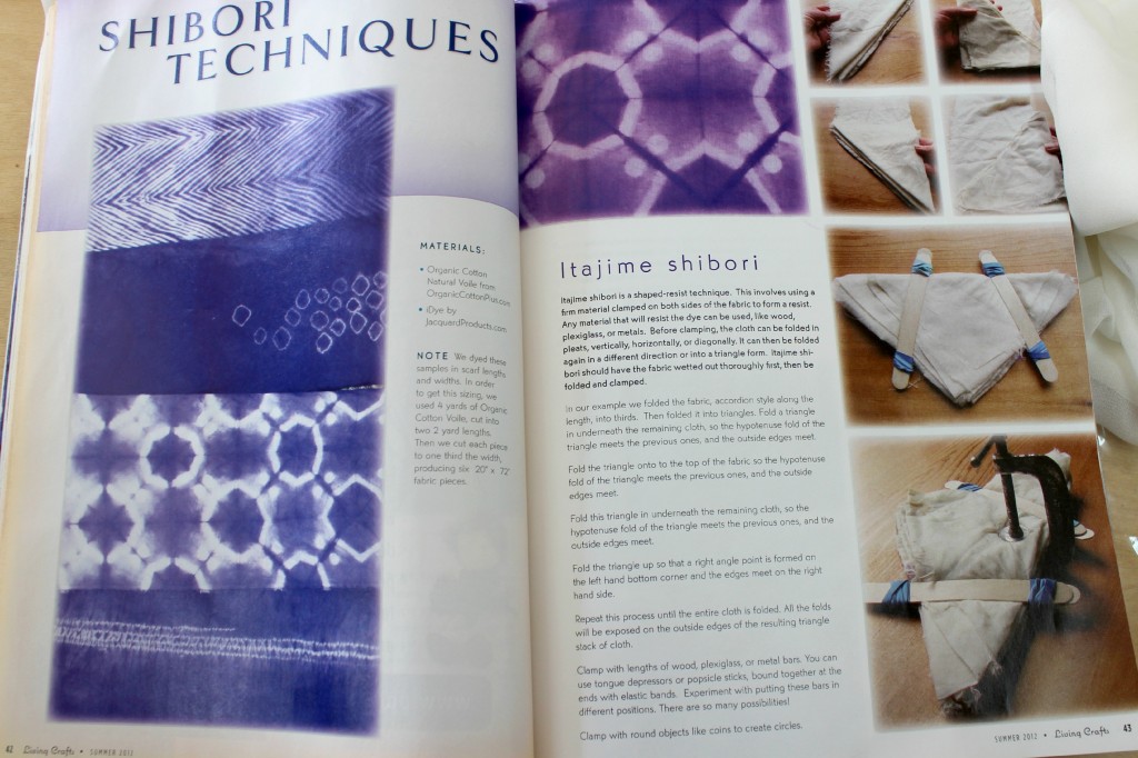 140114 Pages 42, 43. Summer 2012 issue of Living Crafts Magazine. Waldorf natural eco fashions and crafts. The Art of Shibori, hand sewing projects for kids