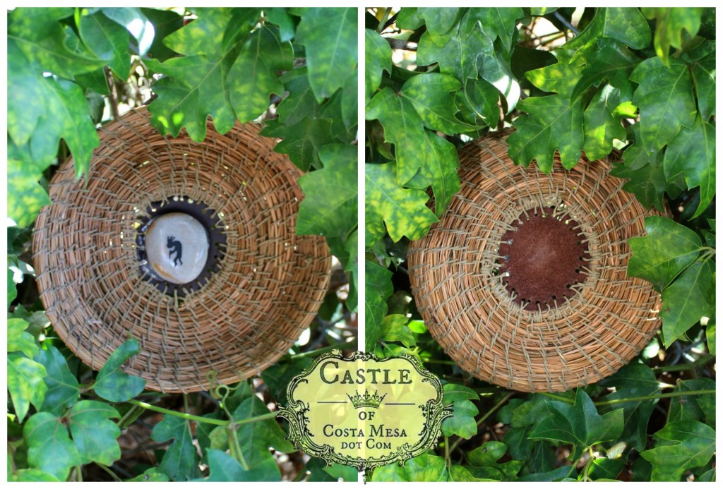 140319 Christine's handmade pine needle basket with stone in center, front and rear view dyptich