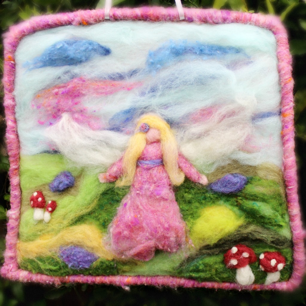 140408 Heather Sebring's handmade wool needle-felted fairy table picture tapestry wall hanging for her daughter with pink angel in landscape.