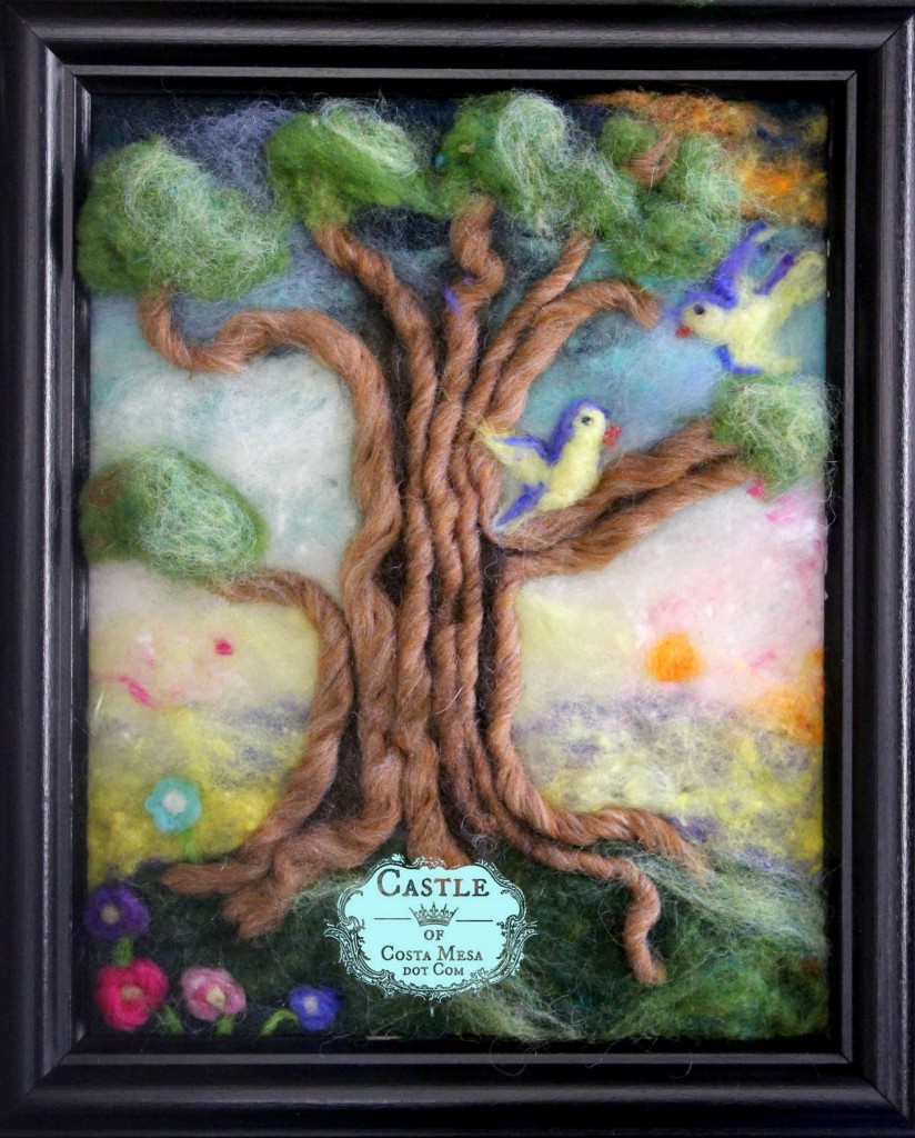 140914 Needle-felted 8x10 inches love birds on gnarly old tree at sunrise colorful wool picture for Lisa Maris Hair Salon.