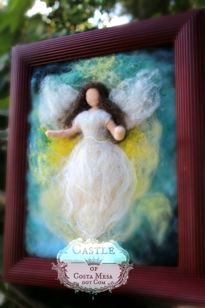 140919 Framed Needle-felted Castle of Costa Mesa Brunette Guardian Angel in Cherimoya tree.