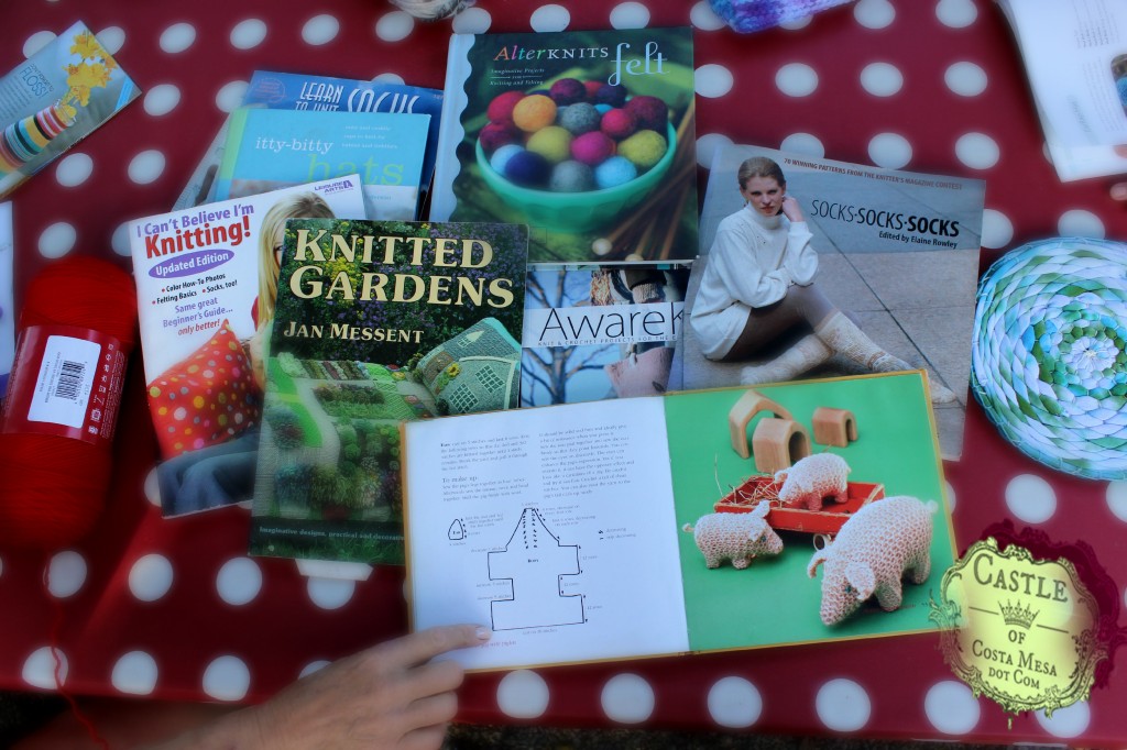 140929 Christine's library of knitting books showing pig knitted pattern 2