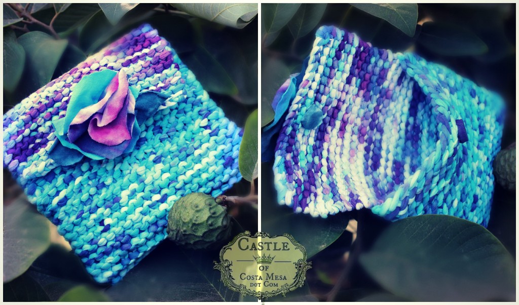 140930 Dyptich Melissa's handmade T-shirt yarn knitted blue rose handbag open and closed 2