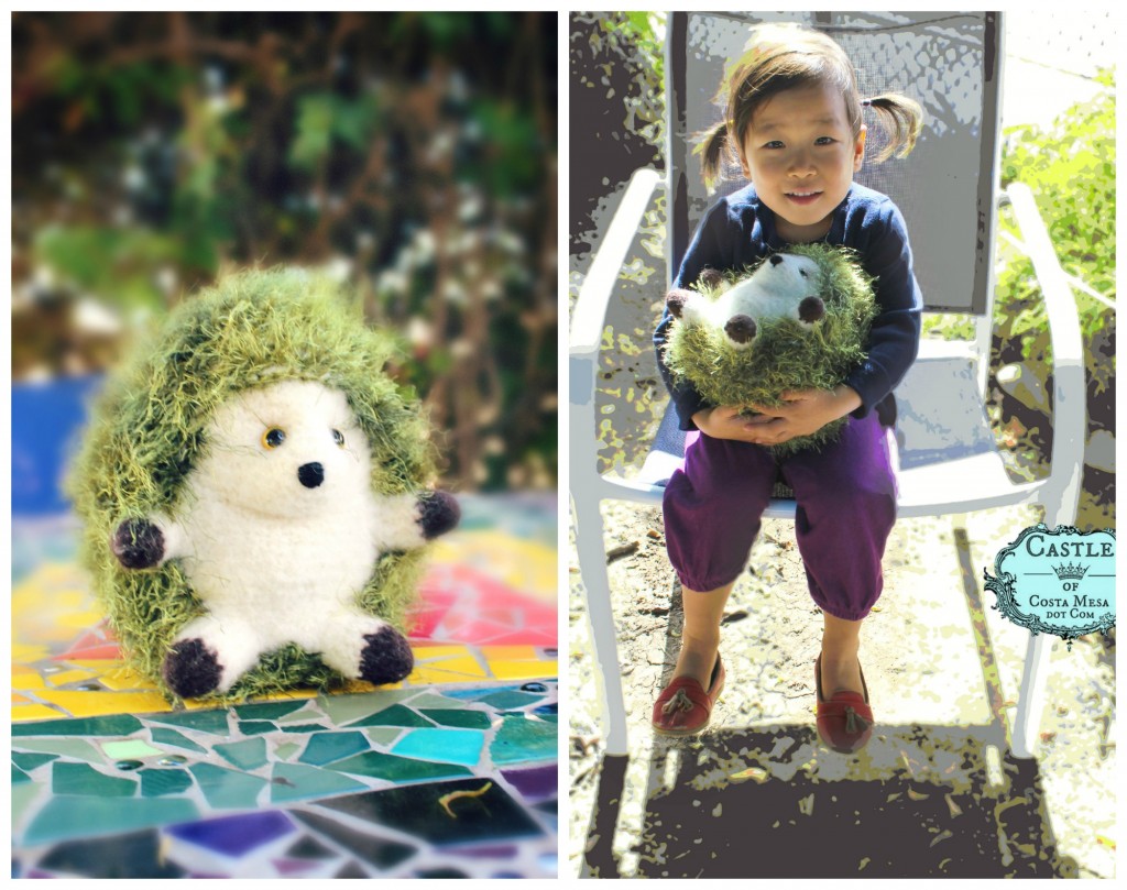 141027 Dyptich Katherine cuddling Christine's wet-felted knitted handmade plush hedgehog 2