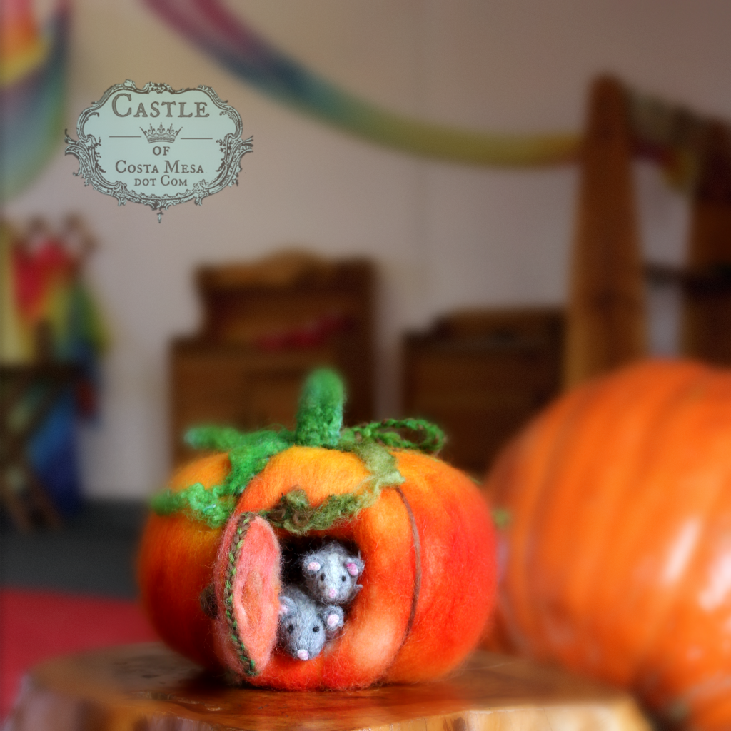 141027 Gloria's handmade fall needle-felting mice in a pumpkin home in Miss Jenell's mommy and me Waldorf classroom