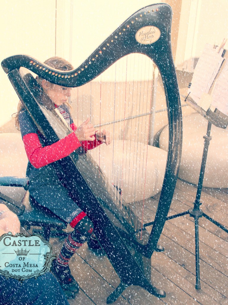 141206 Alyssa playing harp music to calm the shoppers at Elves Workshop with snow.