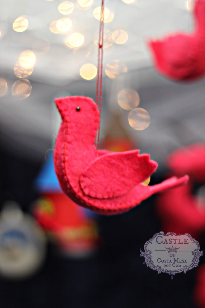 141206 Cathrine's handstitched felted red cardinal bird Christmas tree ornaments on a string.