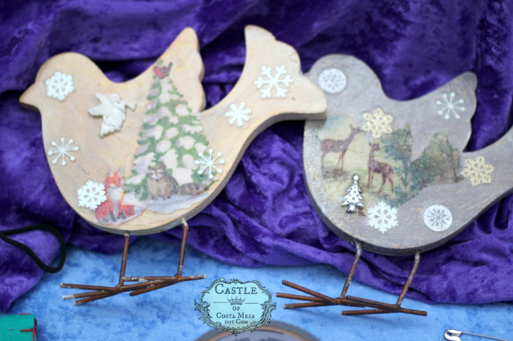 141206 Kathy's wooden decoupage bird Christmas Winter ornaments on metal wire legs.