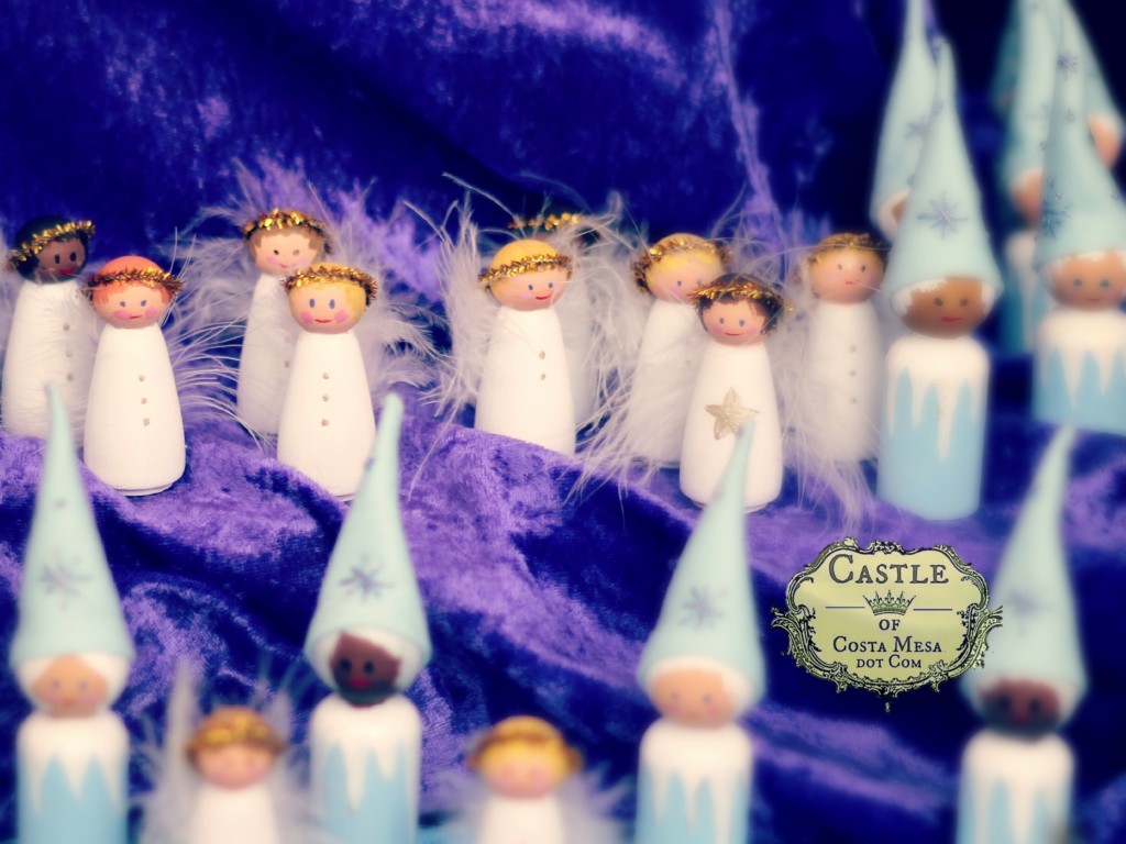 141206 Renuka's handpainted wooden peg doll winter snow gnomes and fairies with feather wings one looks like sebastian