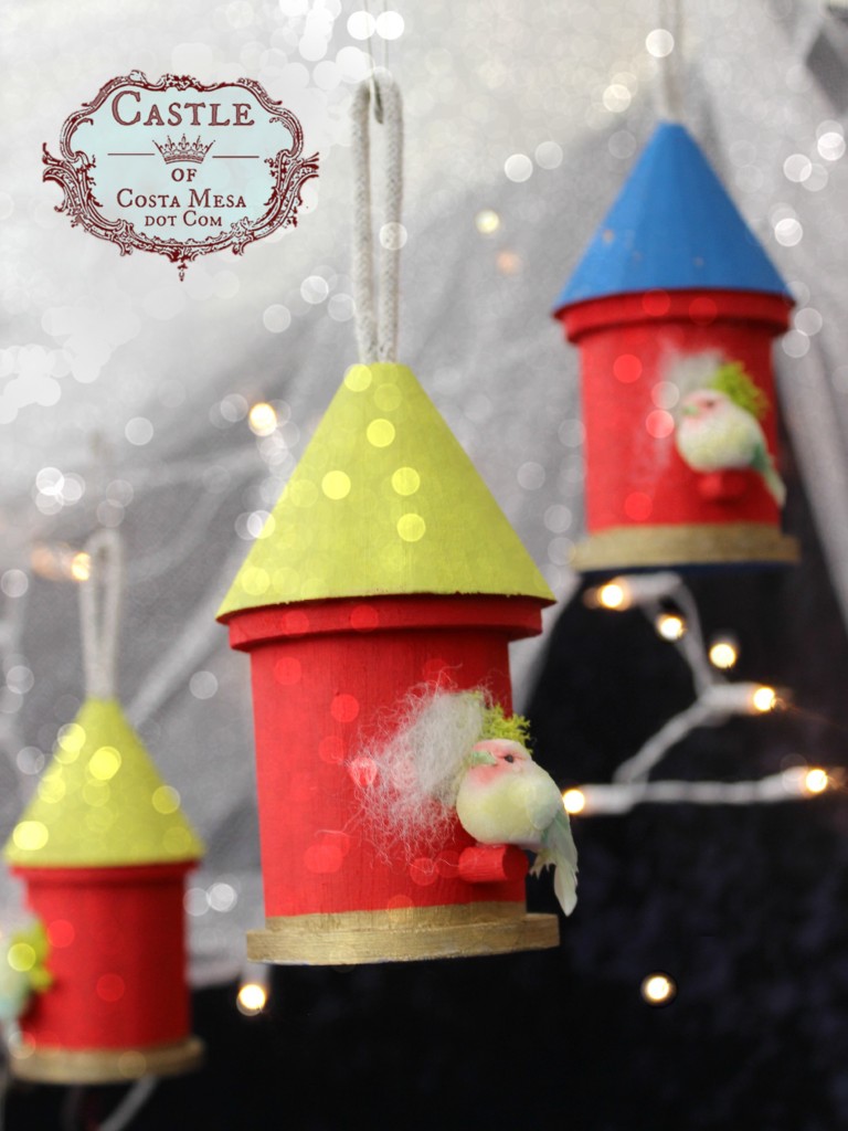 141208 Kathy's painted wooden birdhouses with little birds perched upon mossy nests christmas tree ornaments.