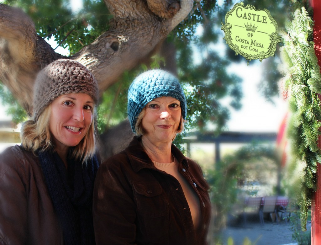 150105 Kathy and Suzanne with their finished 2 hour crochet hats from craft group morning.