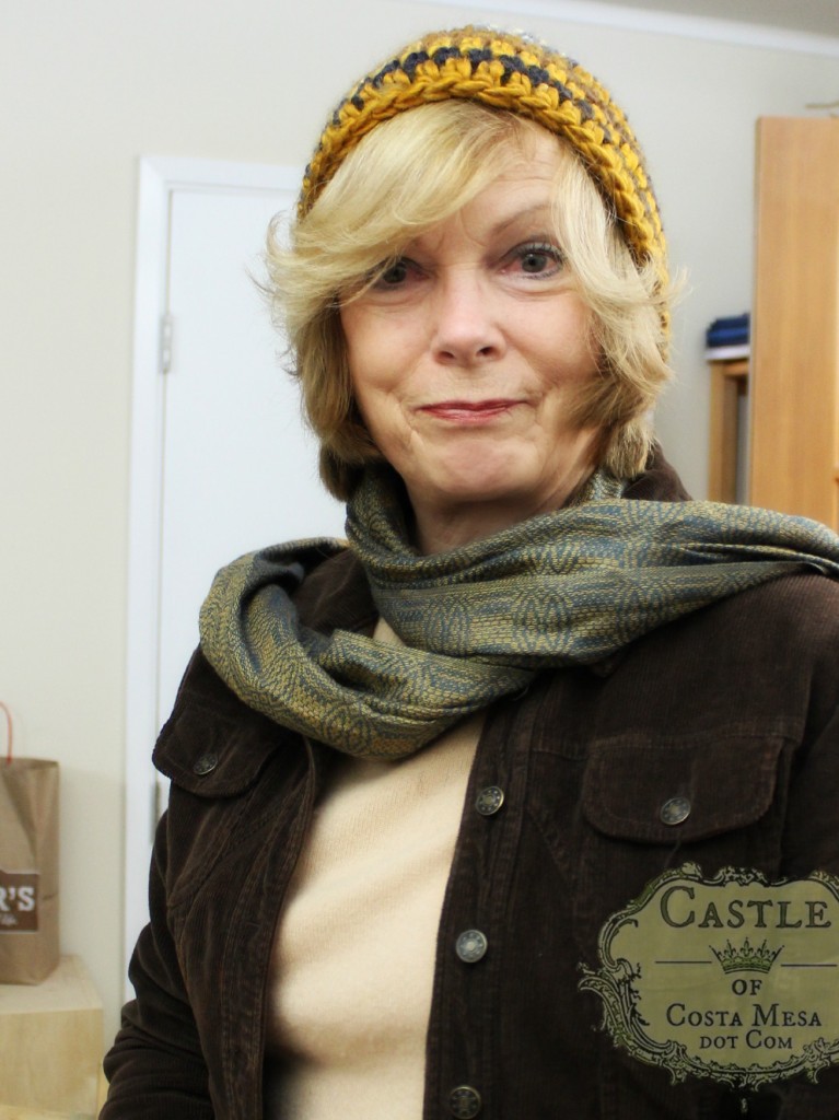 150105 Suzanne modeling Christine's super bulky yarn 2 hour crochet hat. CastleofCostaMesa.com.