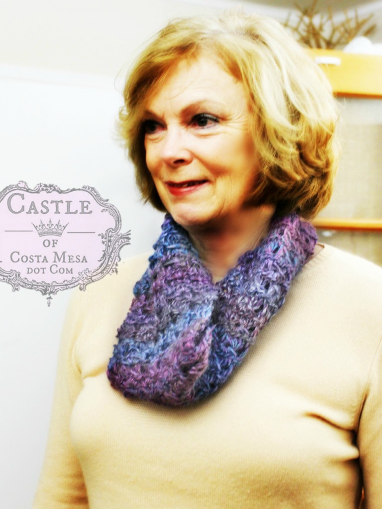 150105 Suzanne and her crocheted broomstick lace cowl.