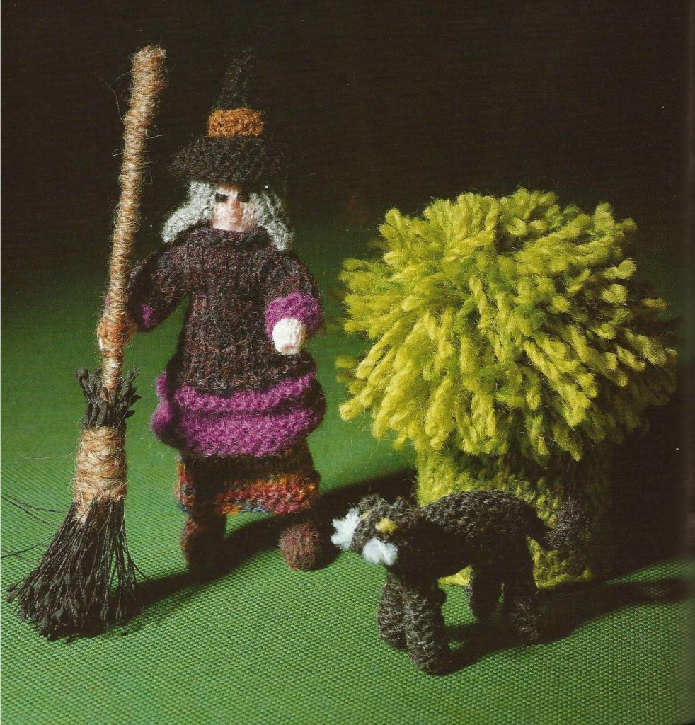 150531 Knit an Enchanted Castle by Jan Messent Knitted witch with broomstick and cat