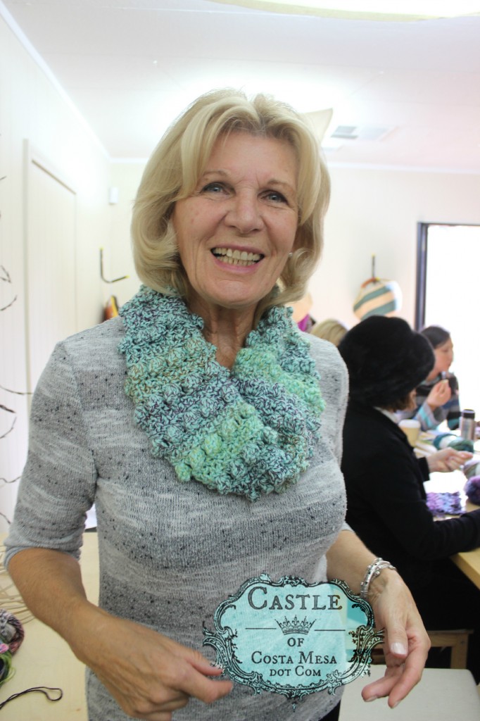 151215 Christine Newell and nubby crochet infinity scarf.