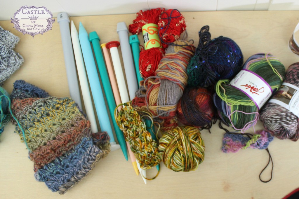 151215 yarn, needles supplies for making broomstick lace crochet.