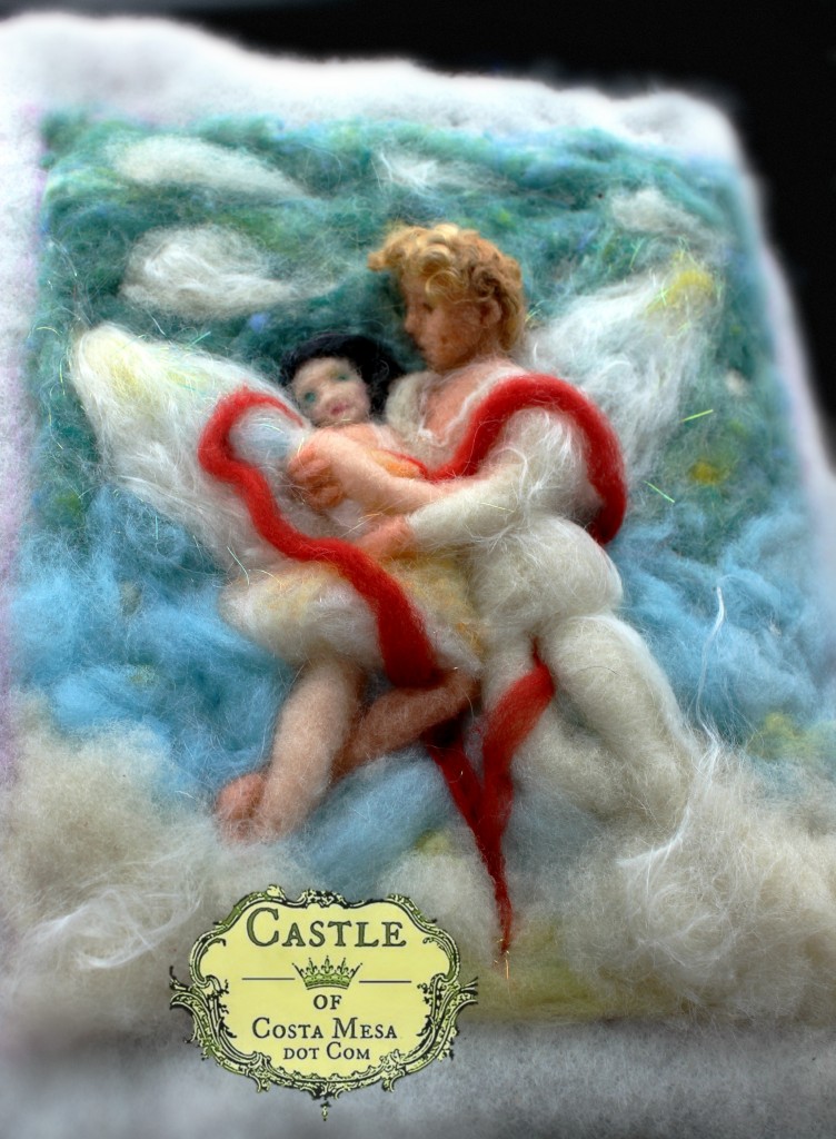 150111We are each of us angels with only one wing, and we can only fly by embracing one another. ~Luciano de Crescenzo Wool Relief Fiber Art by Jzin Teng, Castle of Costa Mesa 7716.