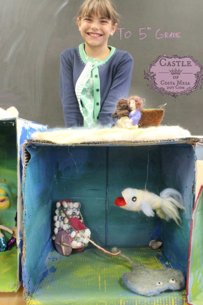 2273 150703 Anicka with needle-felted mermaid, fisherman, boat, diorama, fish, pearl carriage and stingray