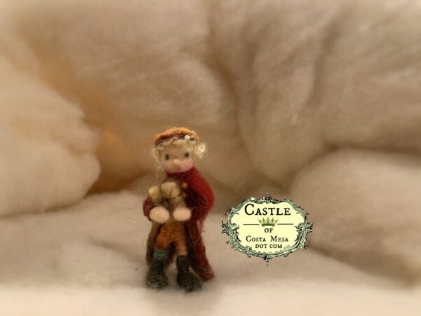 Little Blonde Boy with Long Coattails Bearing Gift. 5" Needle-Felted Doll